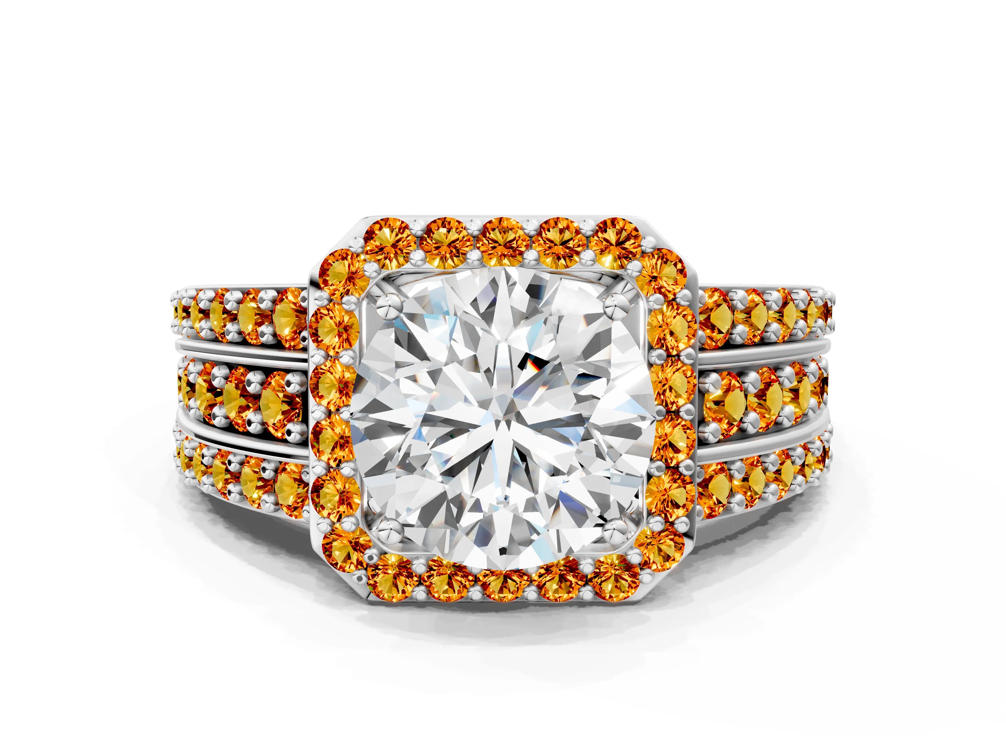 White gold Round Cut Halo Diamond Ring with Round with Citrine side stone Split Shank and Prong Setting_12