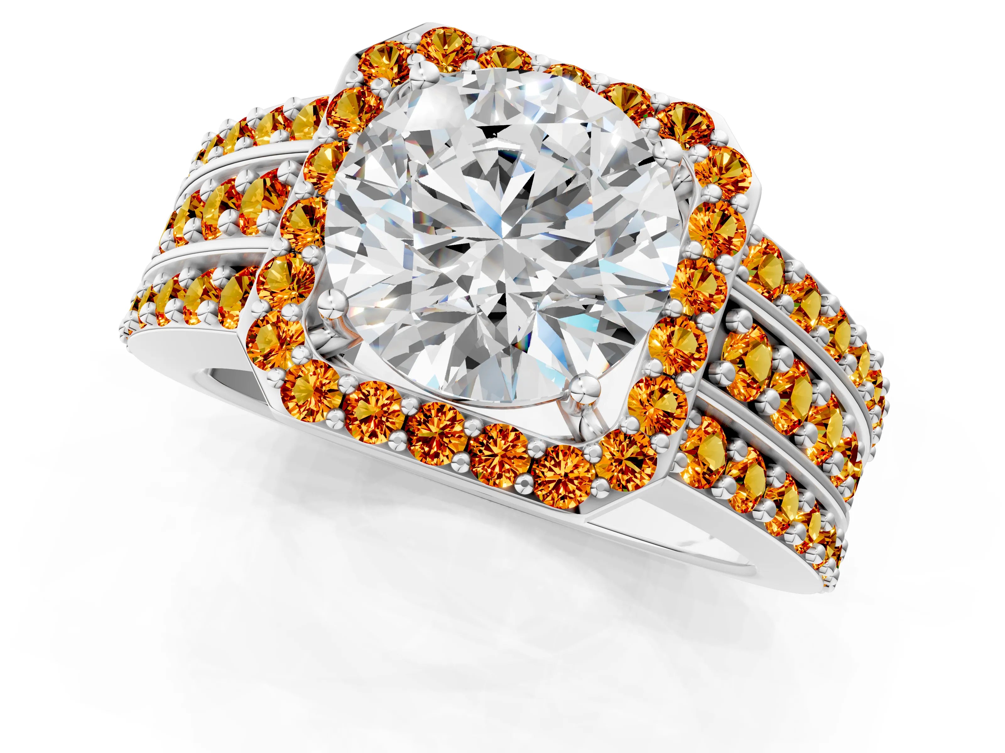 White gold Round Cut Halo Diamond Ring with Round with Citrine side stone Split Shank and Prong Setting_13