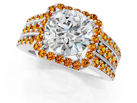 White gold Round Cut Halo Diamond Ring with Round with Citrine side stone Split Shank and Prong Setting_13