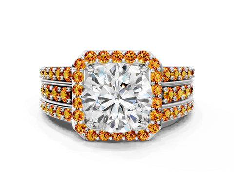 White gold Round Cut Halo Diamond Ring with Round with Citrine side stone Split Shank and Prong Setting_144