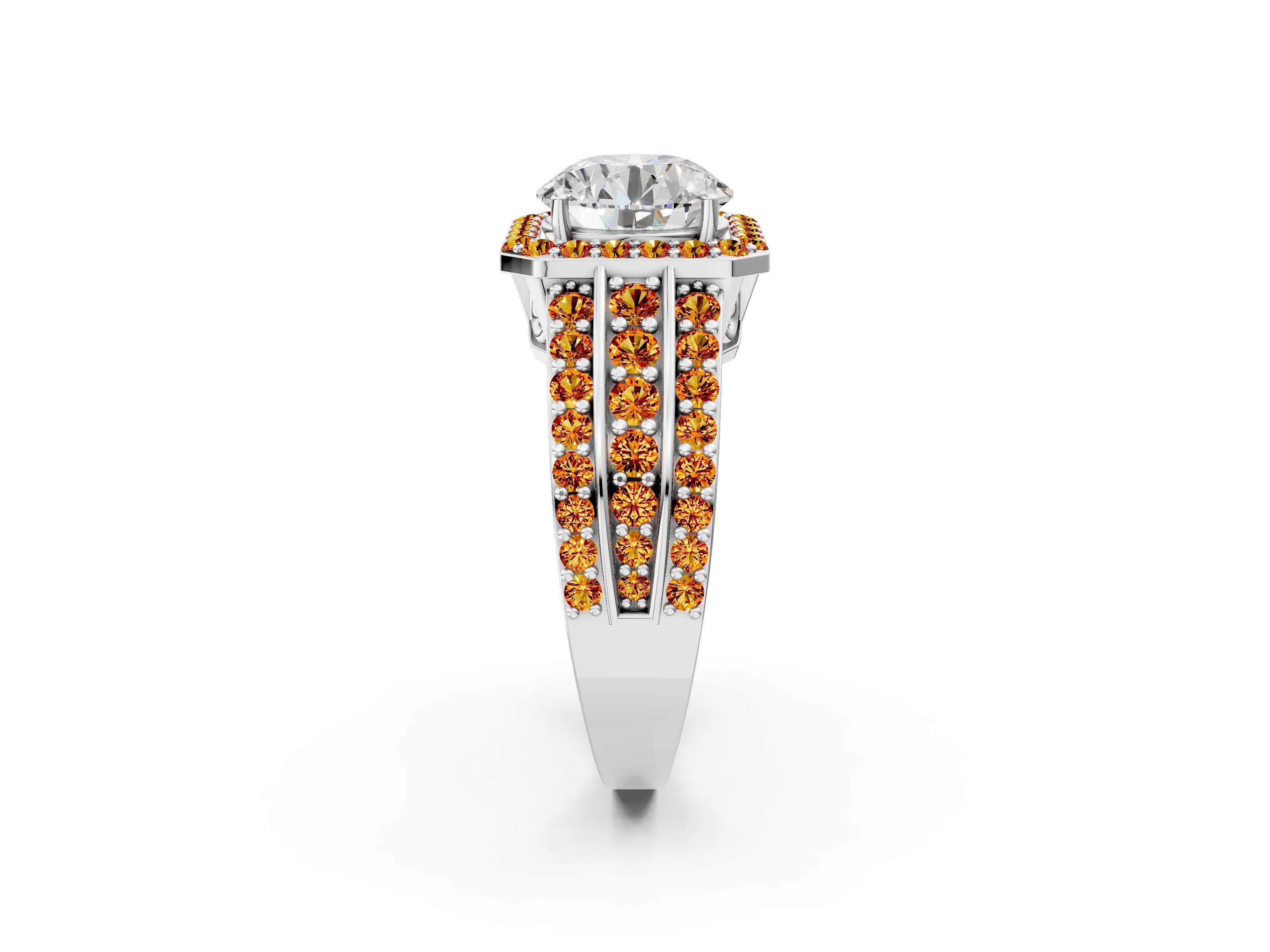 White gold Round Cut Halo Diamond Ring with Round with Citrine side stone Split Shank and Prong Setting_14