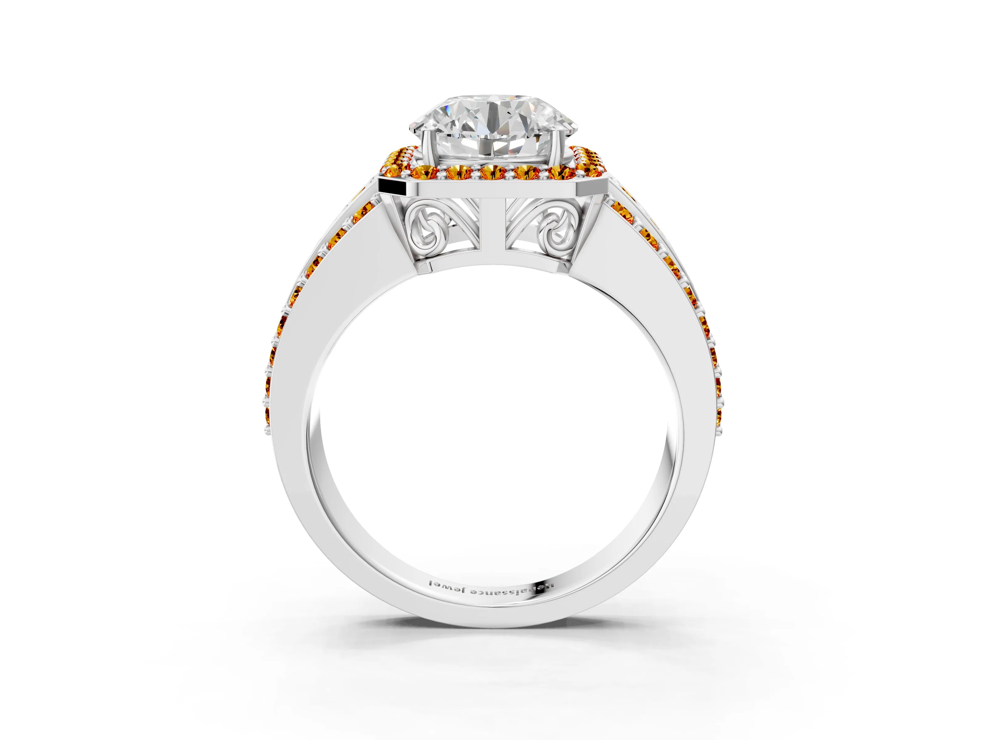 White gold Round Cut Halo Diamond Ring with Round with Citrine side stone Split Shank and Prong Setting_15