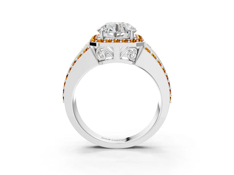 White gold Round Cut Halo Diamond Ring with Round with Citrine side stone Split Shank and Prong Setting_15