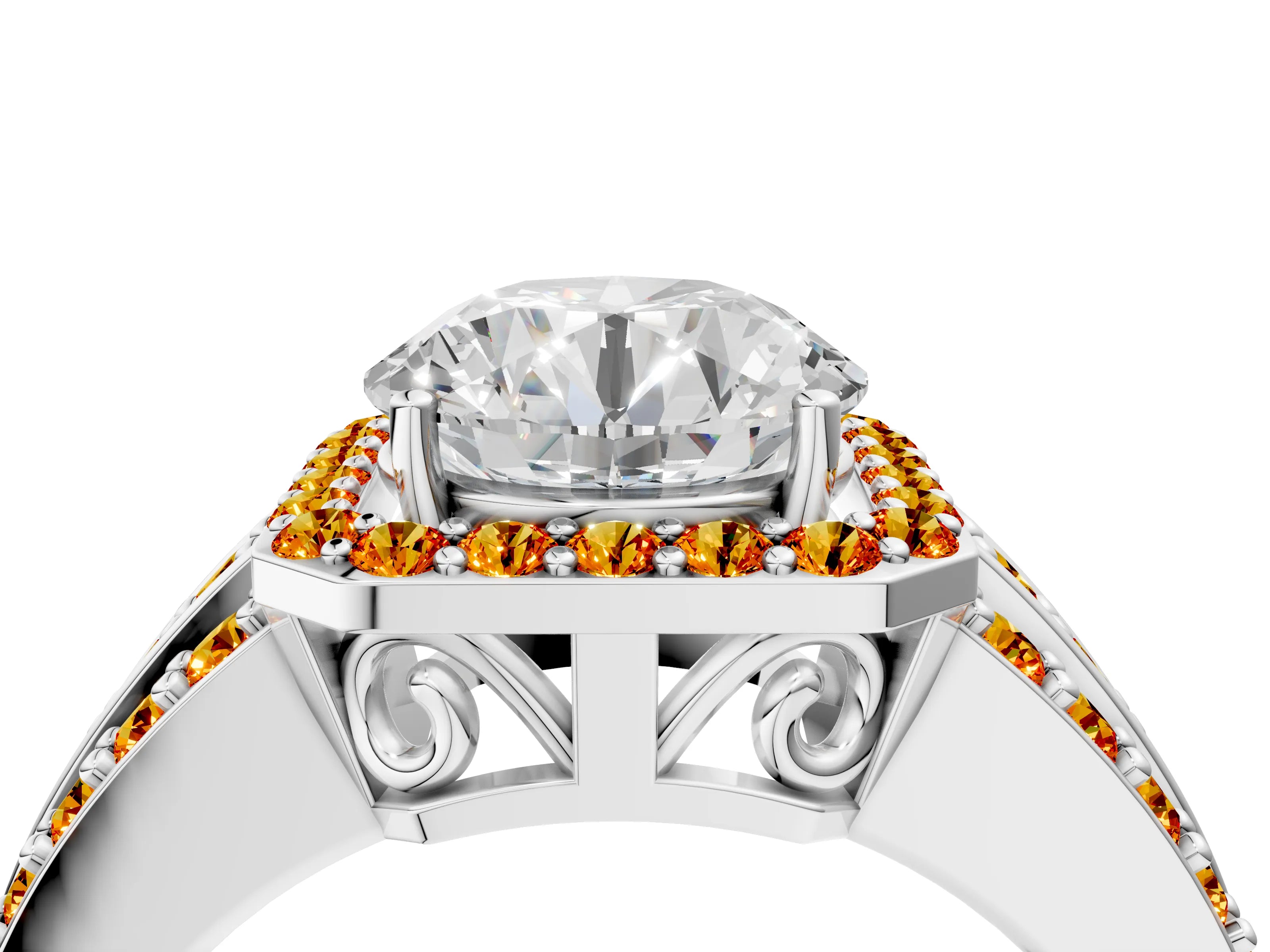 White gold Round Cut Halo Diamond Ring with Round with Citrine side stone Split Shank and Prong Setting_16