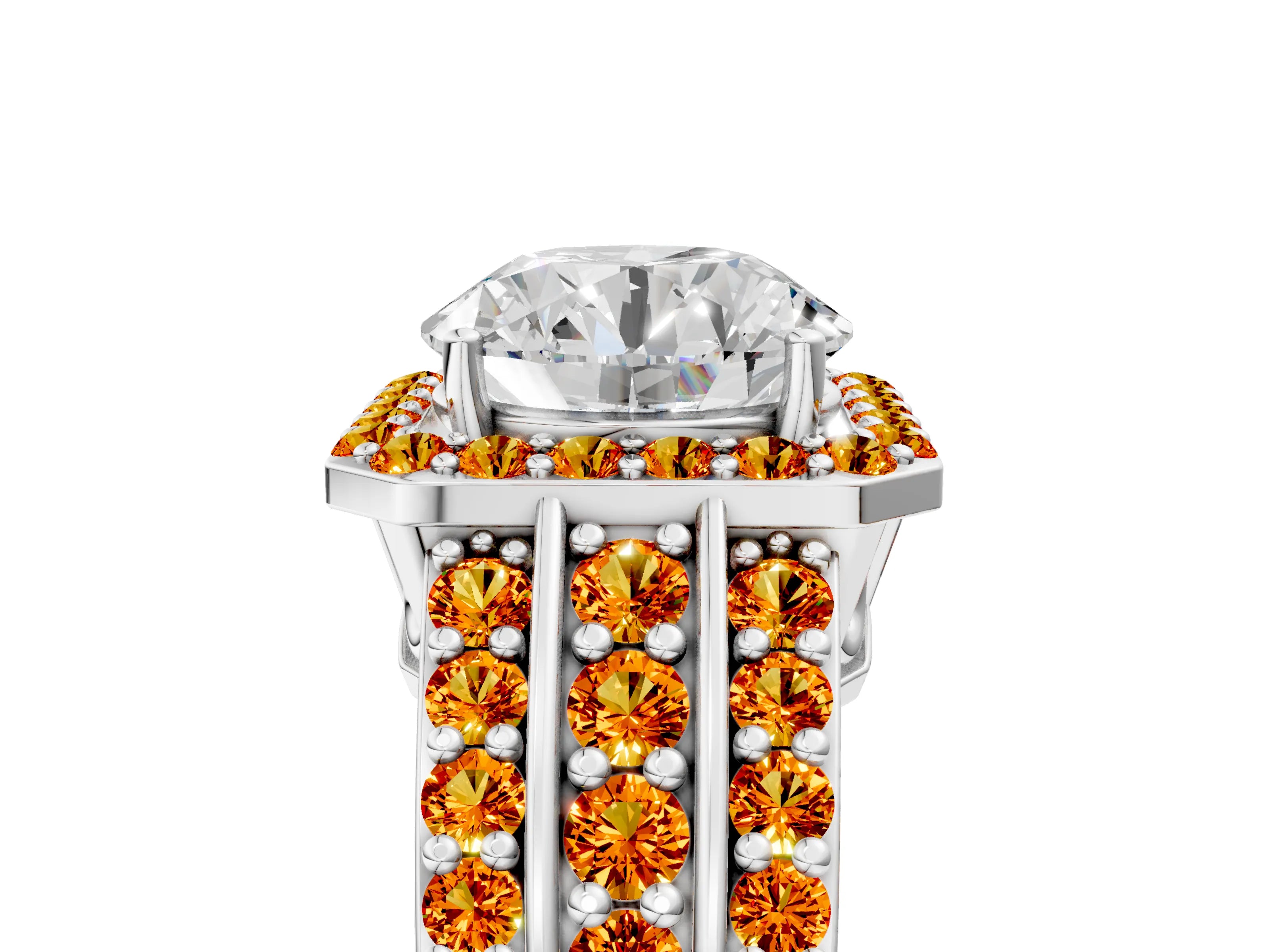 White gold Round Cut Halo Diamond Ring with Round with Citrine side stone Split Shank and Prong Setting_17
