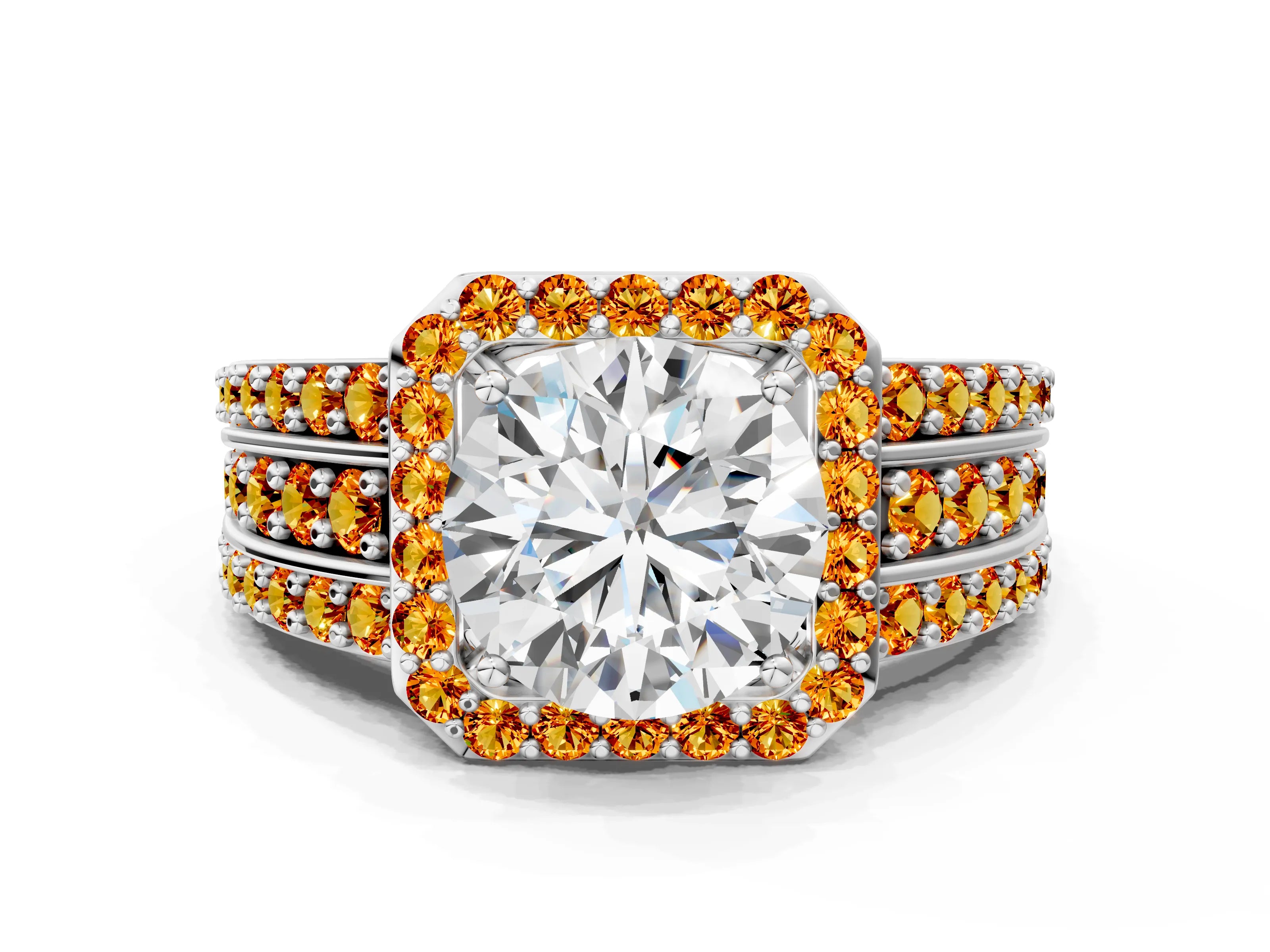 White gold Round Cut Halo Diamond Ring with Round with Citrine side stone Split Shank and Prong Setting_66