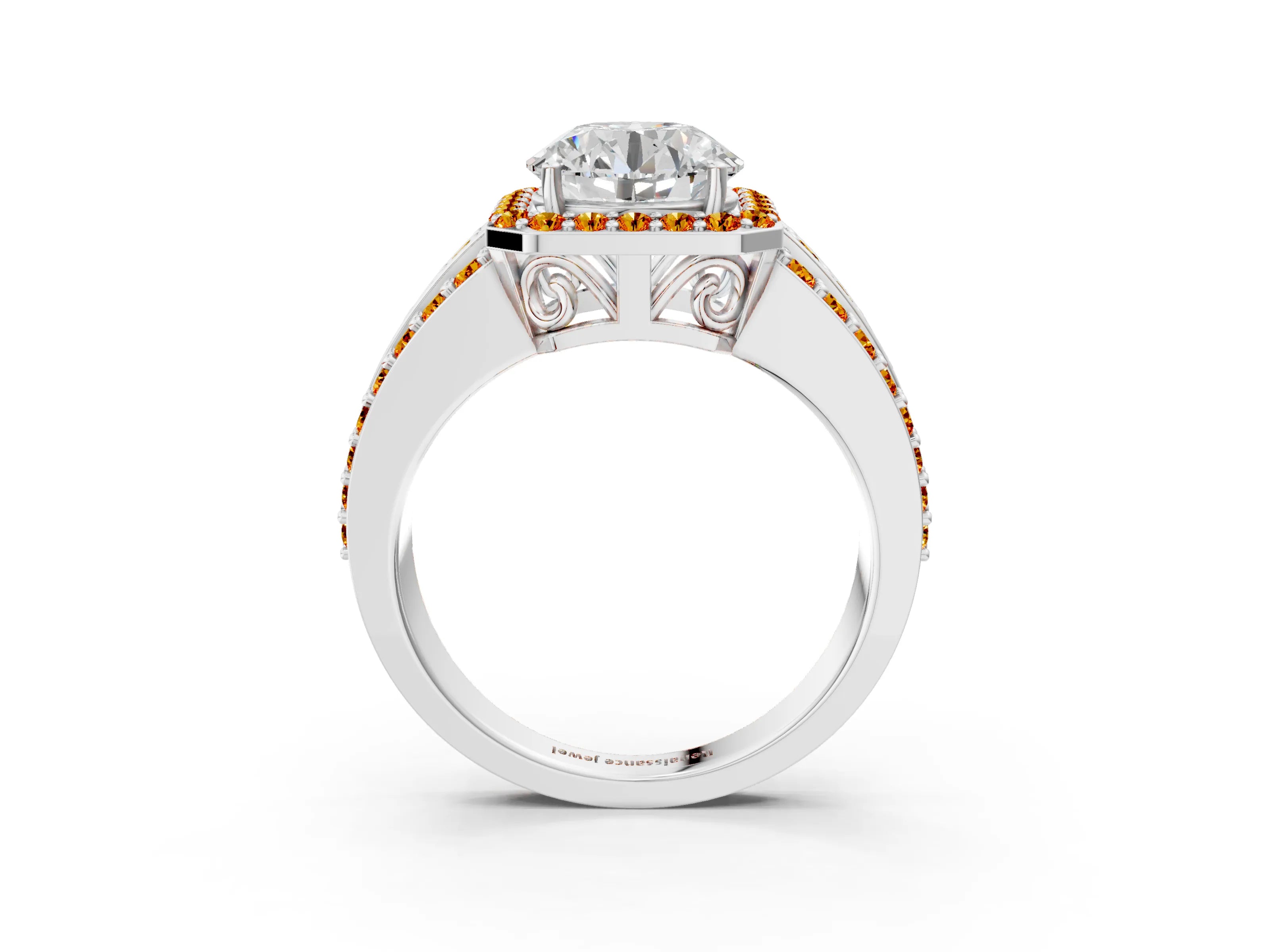 White gold Round Cut Halo Diamond Ring with Round with Citrine side stone Split Shank and Prong Setting_69