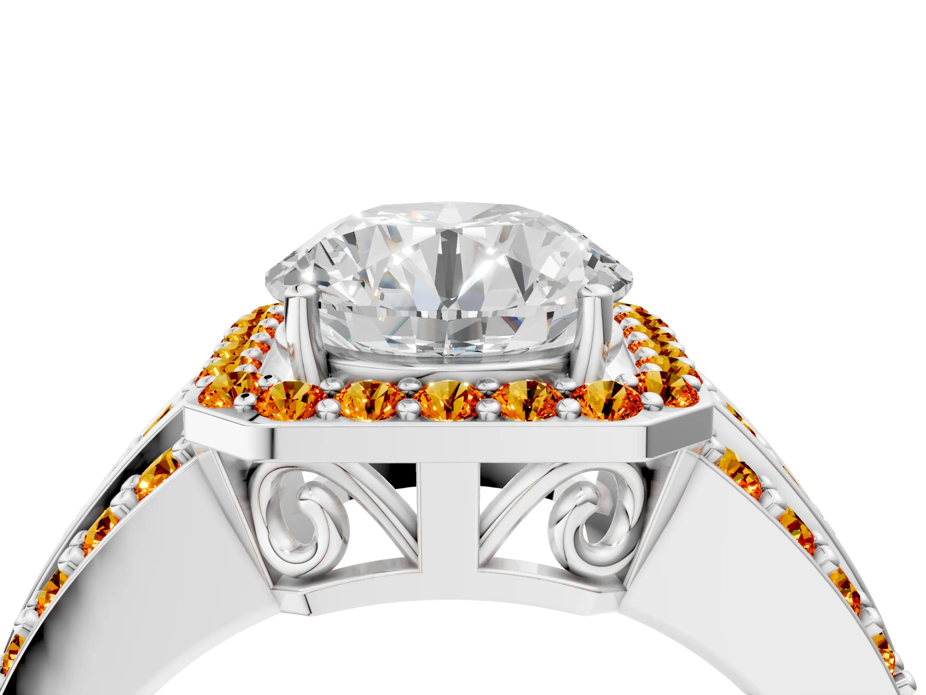 White gold Round Cut Halo Diamond Ring with Round with Citrine side stone Split Shank and Prong Setting_70