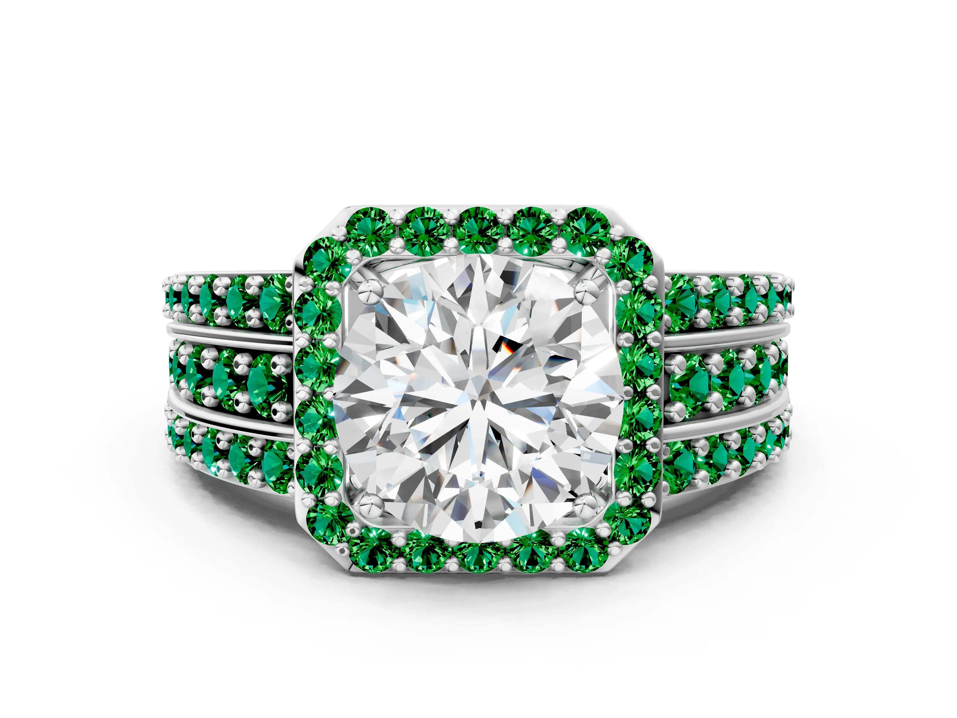 White gold Round Cut Halo Diamond Ring with Round with Emerald side stone Split Shank and Prong Setting_12