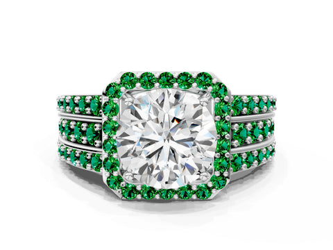 White gold Round Cut Halo Diamond Ring with Round with Emerald side stone Split Shank and Prong Setting_12
