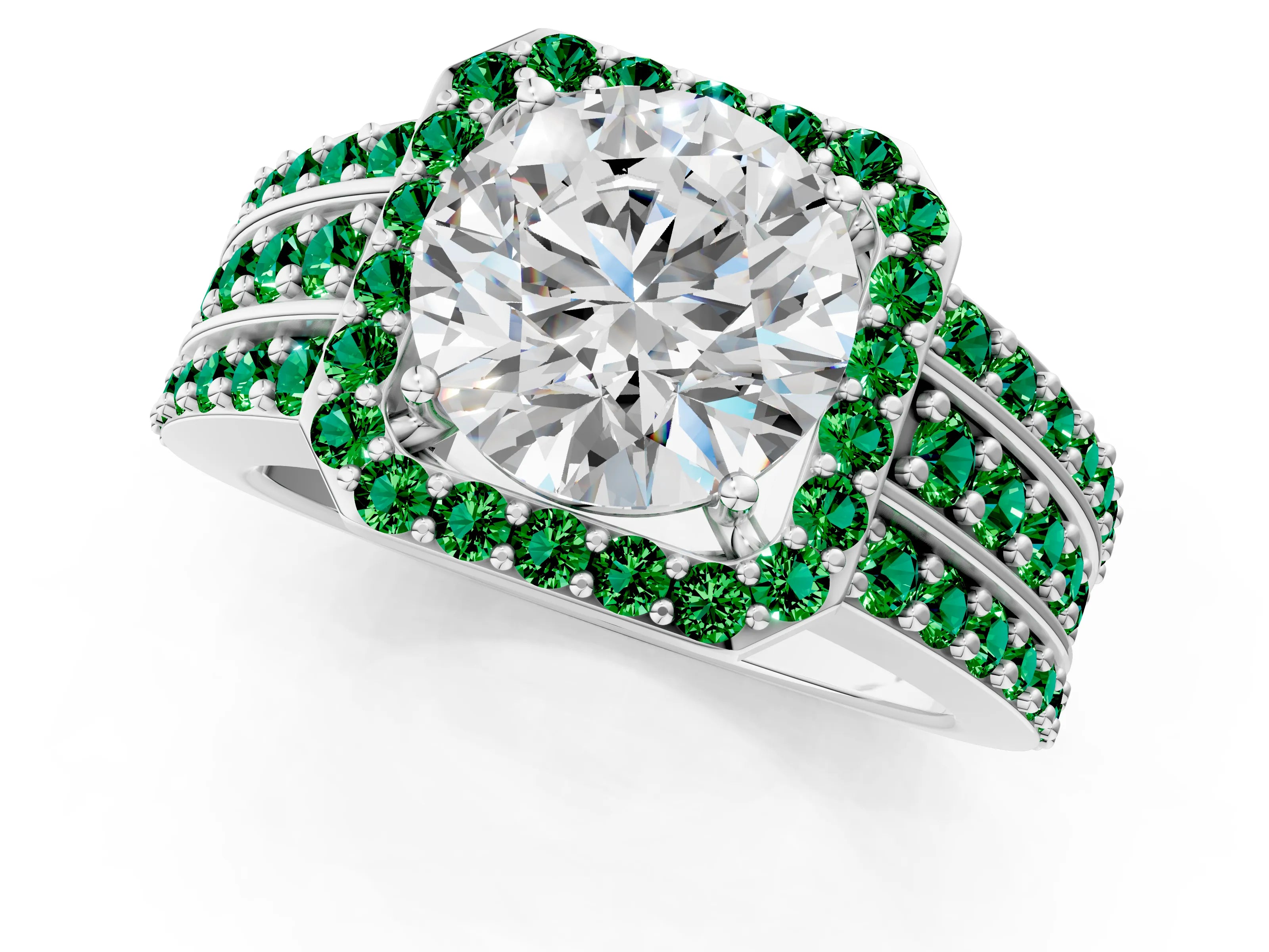 White gold Round Cut Halo Diamond Ring with Round with Emerald side stone Split Shank and Prong Setting_13