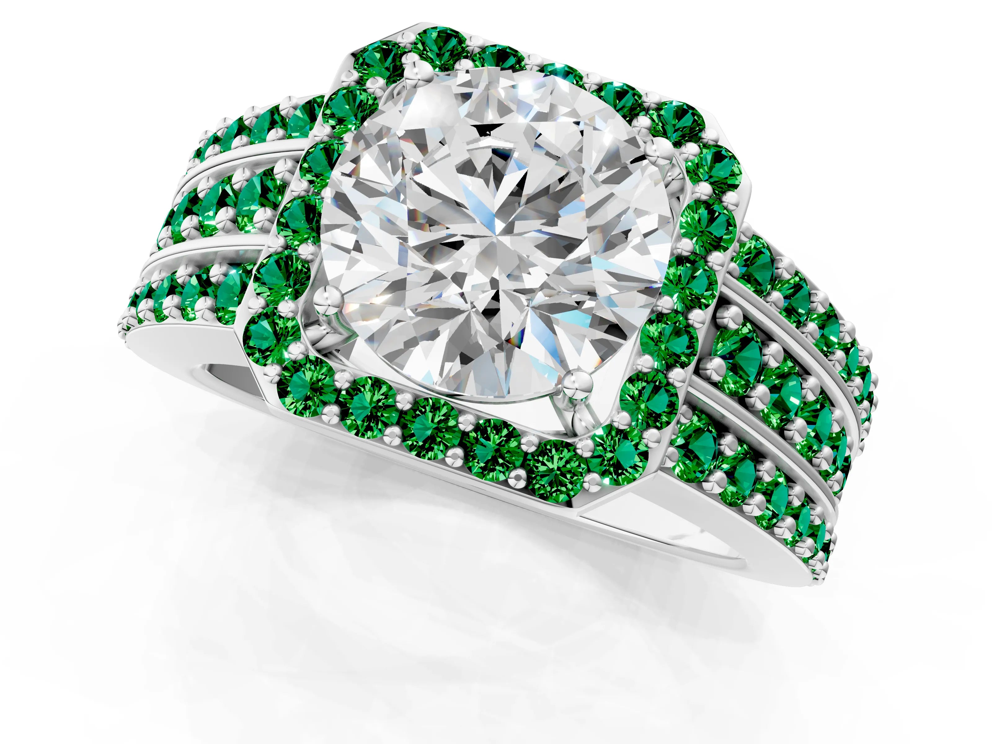 White gold Round Cut Halo Diamond Ring with Round with Emerald side stone Split Shank and Prong Setting_13