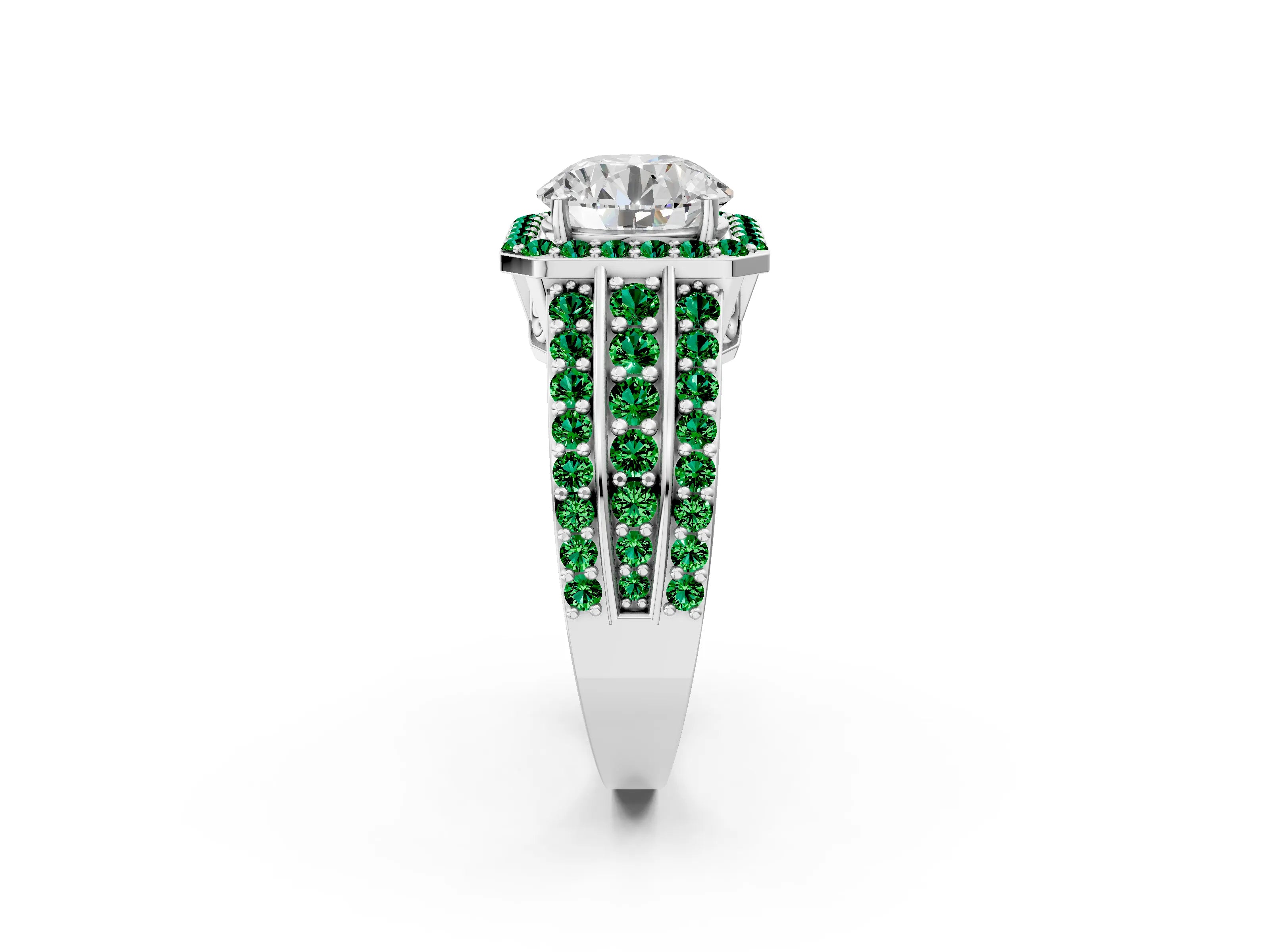 White gold Round Cut Halo Diamond Ring with Round with Emerald side stone Split Shank and Prong Setting_14
