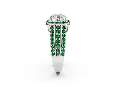 White gold Round Cut Halo Diamond Ring with Round with Emerald side stone Split Shank and Prong Setting_14