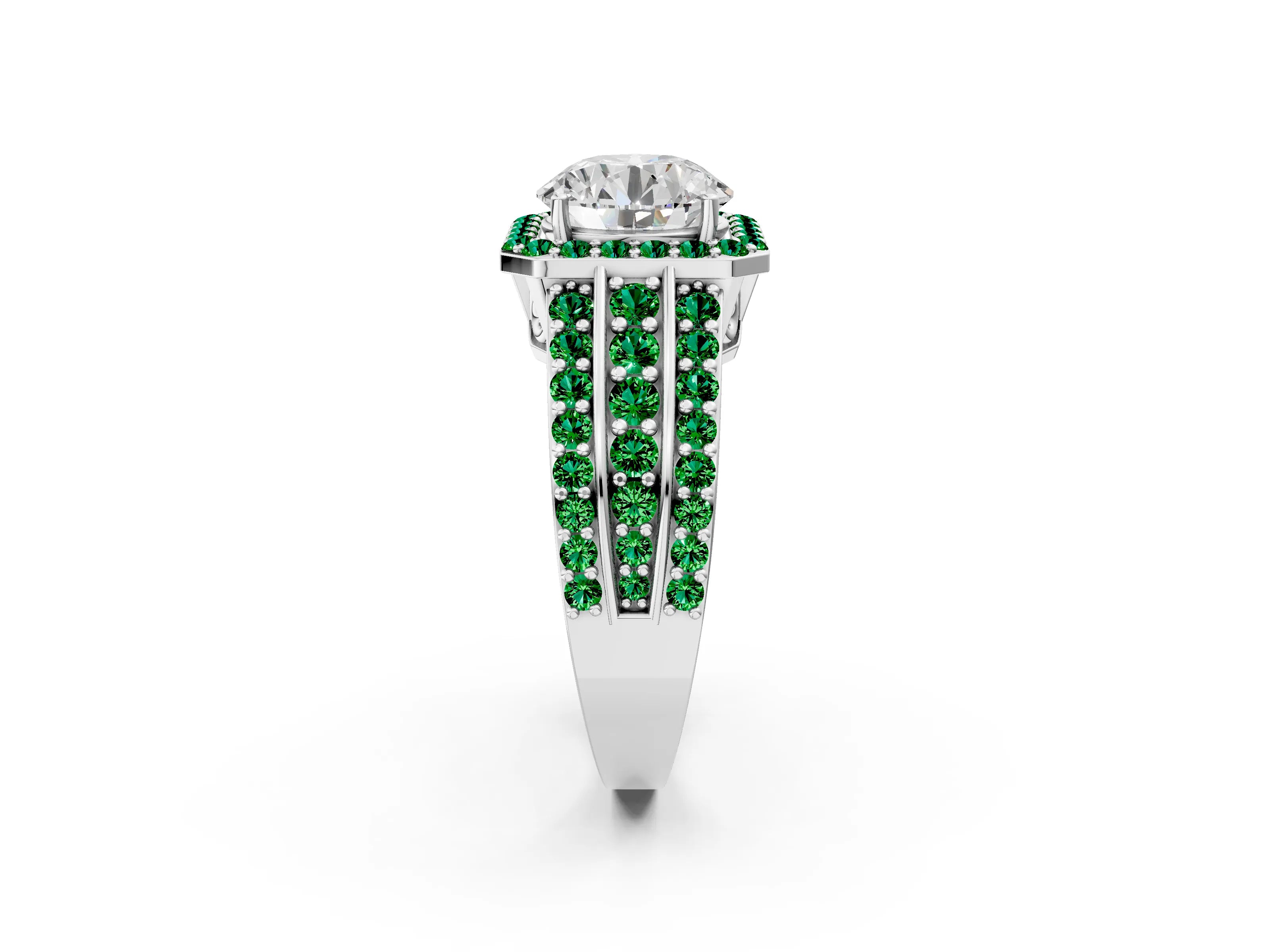 White gold Round Cut Halo Diamond Ring with Round with Emerald side stone Split Shank and Prong Setting_14