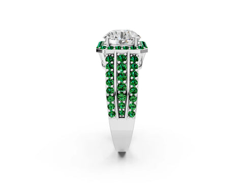 White gold Round Cut Halo Diamond Ring with Round with Emerald side stone Split Shank and Prong Setting_14