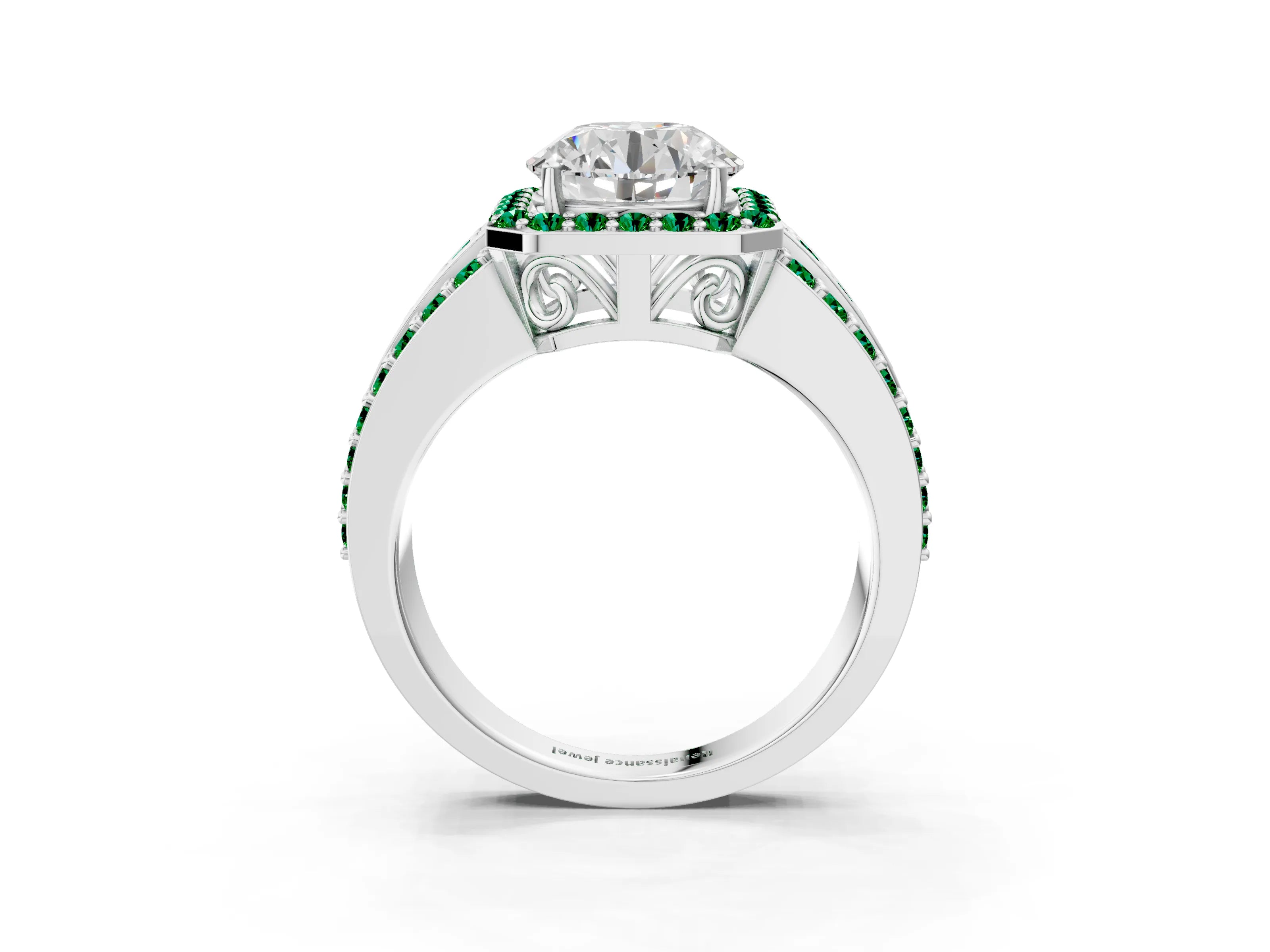 White gold Round Cut Halo Diamond Ring with Round with Emerald side stone Split Shank and Prong Setting_15