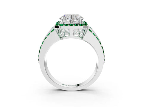 White gold Round Cut Halo Diamond Ring with Round with Emerald side stone Split Shank and Prong Setting_15