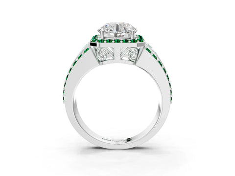 White gold Round Cut Halo Diamond Ring with Round with Emerald side stone Split Shank and Prong Setting_15