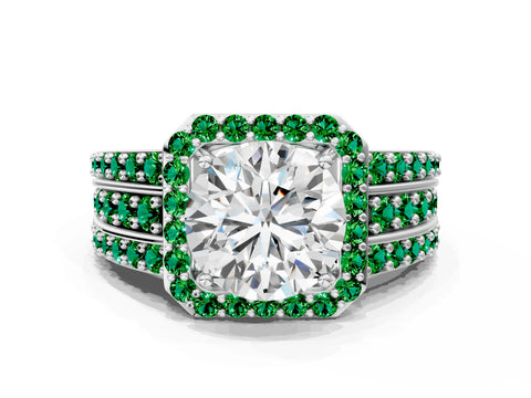 White gold Round Cut Halo Diamond Ring with Round with Emerald side stone Split Shank and Prong Setting_168