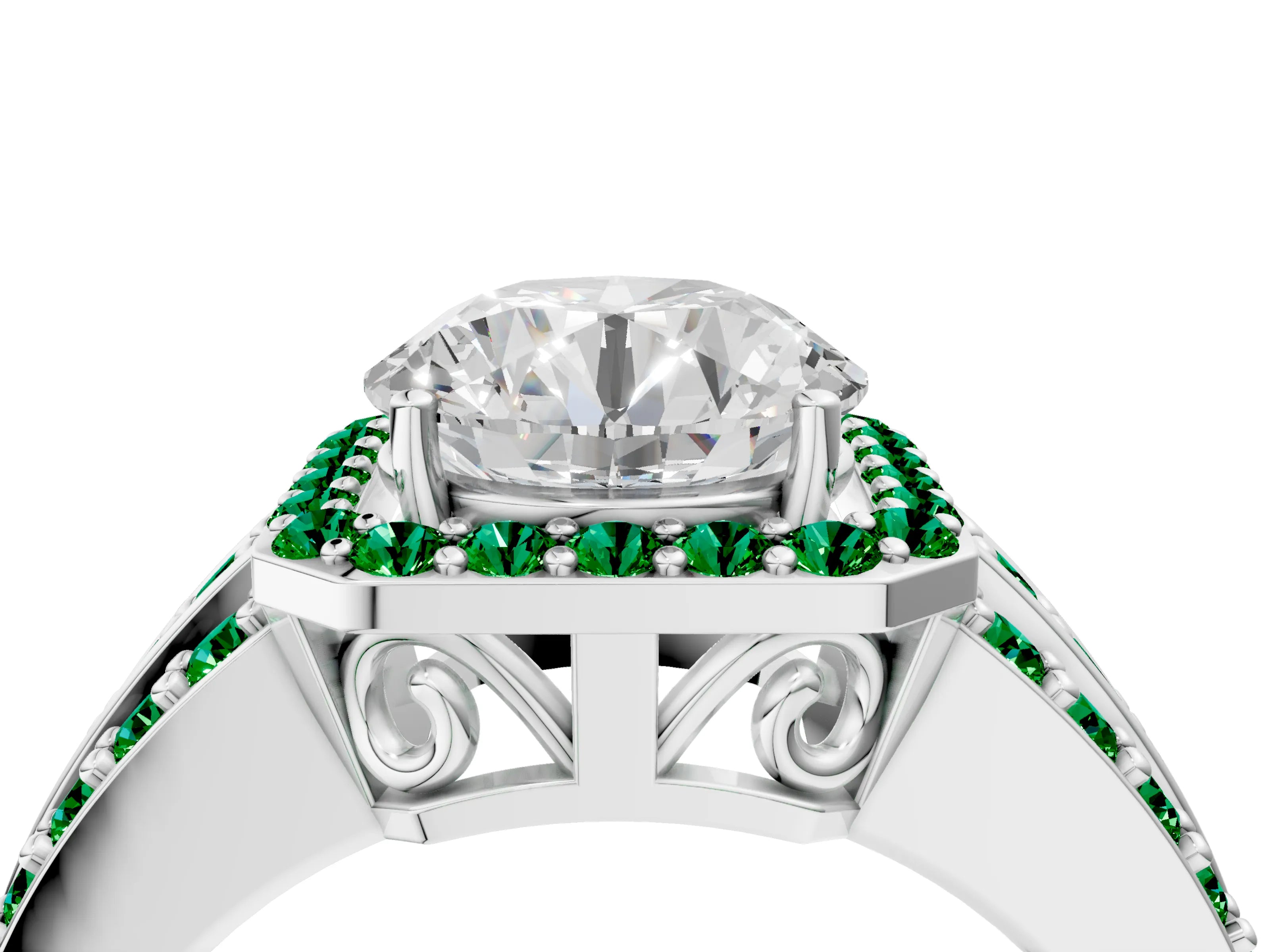 White gold Round Cut Halo Diamond Ring with Round with Emerald side stone Split Shank and Prong Setting_16