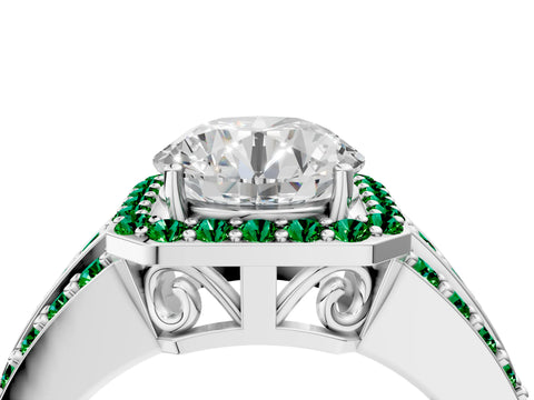 White gold Round Cut Halo Diamond Ring with Round with Emerald side stone Split Shank and Prong Setting_16
