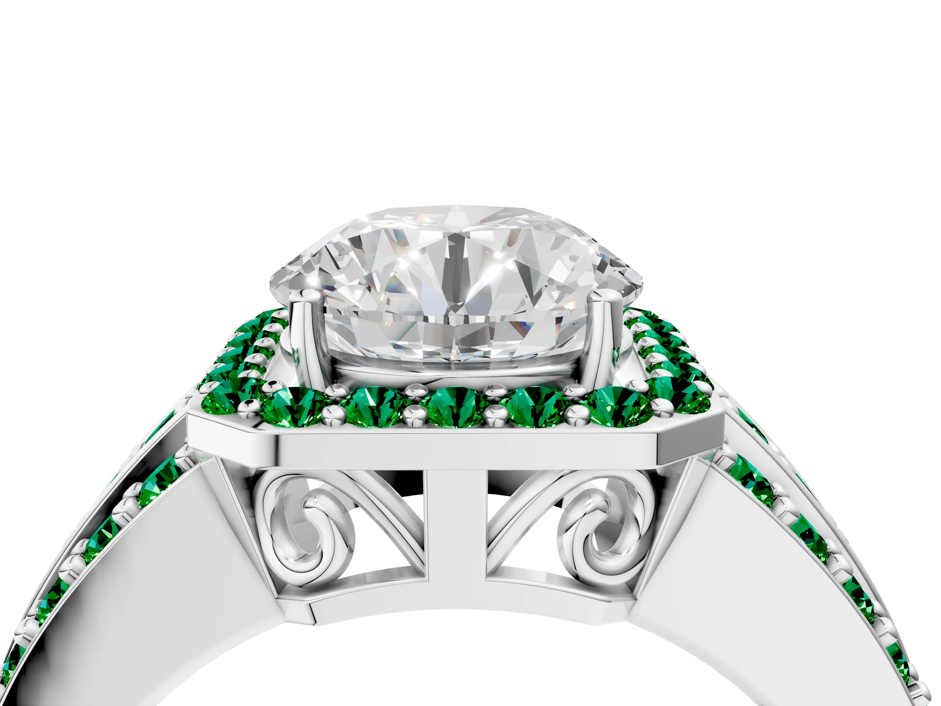 White gold Round Cut Halo Diamond Ring with Round with Emerald side stone Split Shank and Prong Setting_16