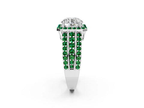 White gold Round Cut Halo Diamond Ring with Round with Emerald side stone Split Shank and Prong Setting_170