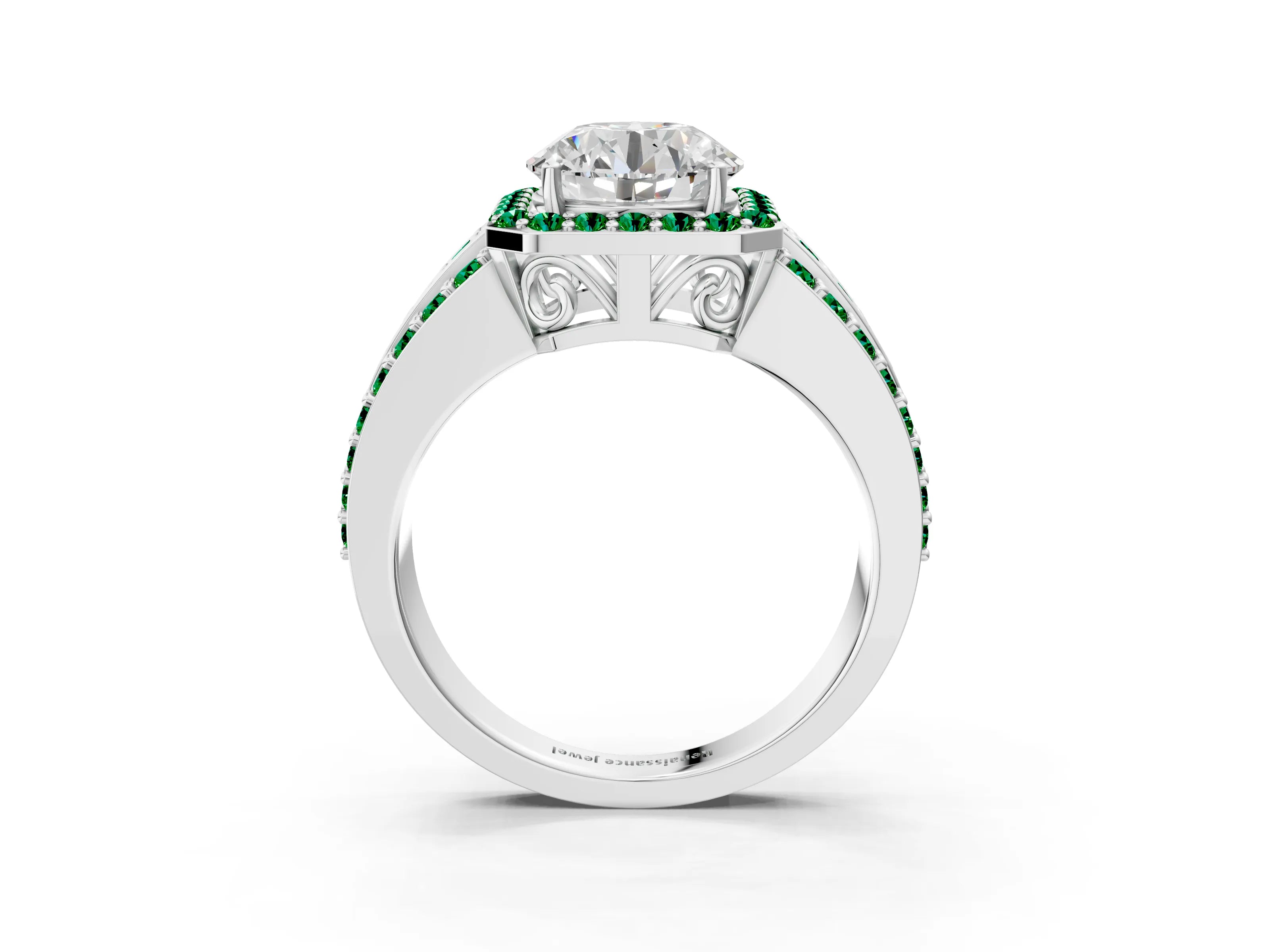 White gold Round Cut Halo Diamond Ring with Round with Emerald side stone Split Shank and Prong Setting_171