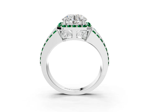 White gold Round Cut Halo Diamond Ring with Round with Emerald side stone Split Shank and Prong Setting_171