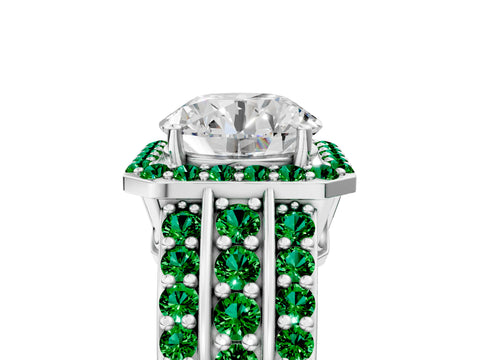 White gold Round Cut Halo Diamond Ring with Round with Emerald side stone Split Shank and Prong Setting_173