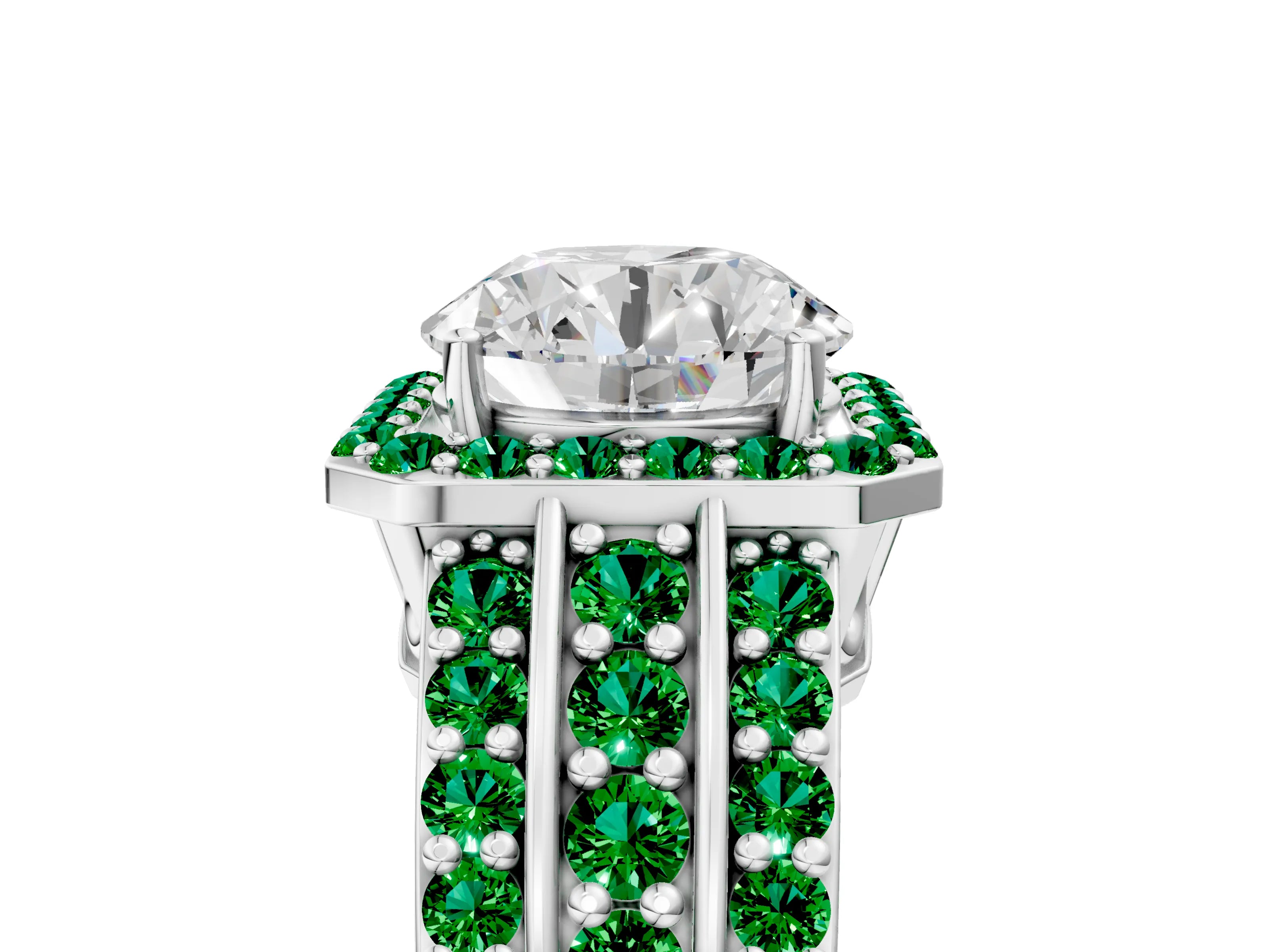 White gold Round Cut Halo Diamond Ring with Round with Emerald side stone Split Shank and Prong Setting_17