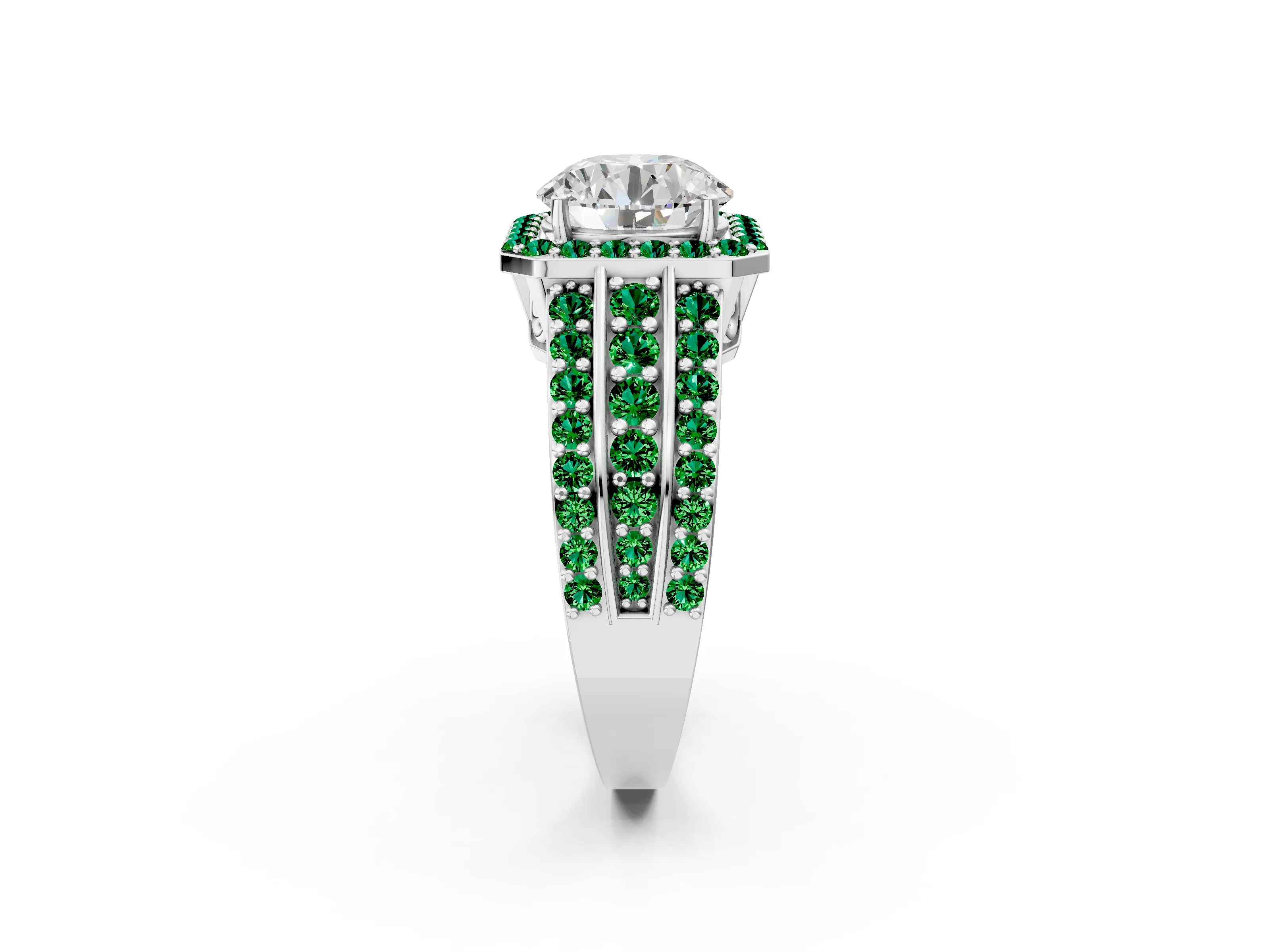 White gold Round Cut Halo Diamond Ring with Round with Emerald side stone Split Shank and Prong Setting_309