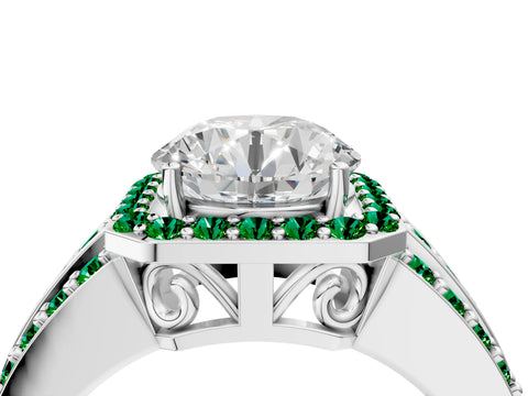 White gold Round Cut Halo Diamond Ring with Round with Emerald side stone Split Shank and Prong Setting_311