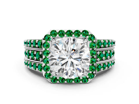 White gold Round Cut Halo Diamond Ring with Round with Emerald side stone Split Shank and Prong Setting_366