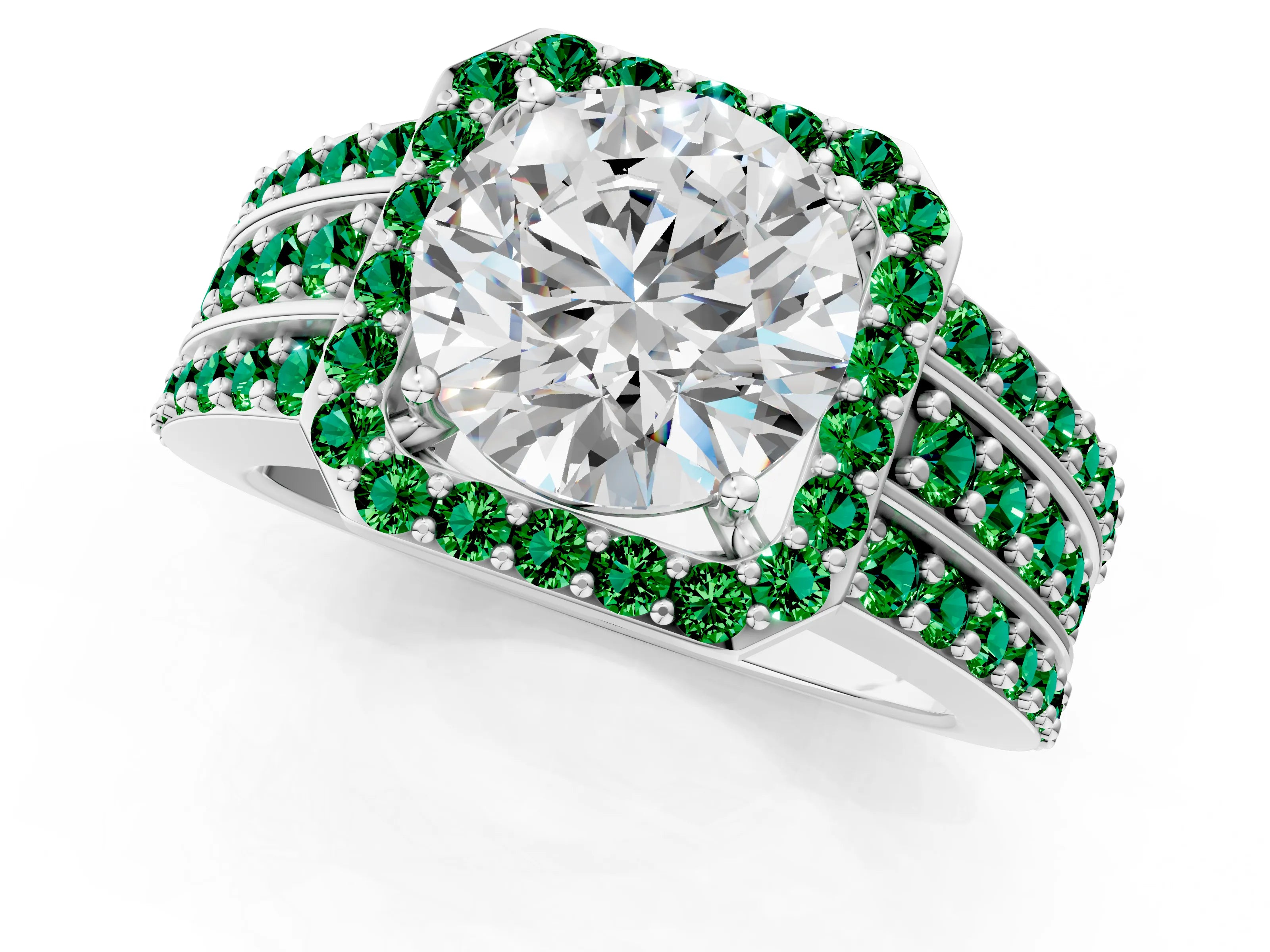 White gold Round Cut Halo Diamond Ring with Round with Emerald side stone Split Shank and Prong Setting_367