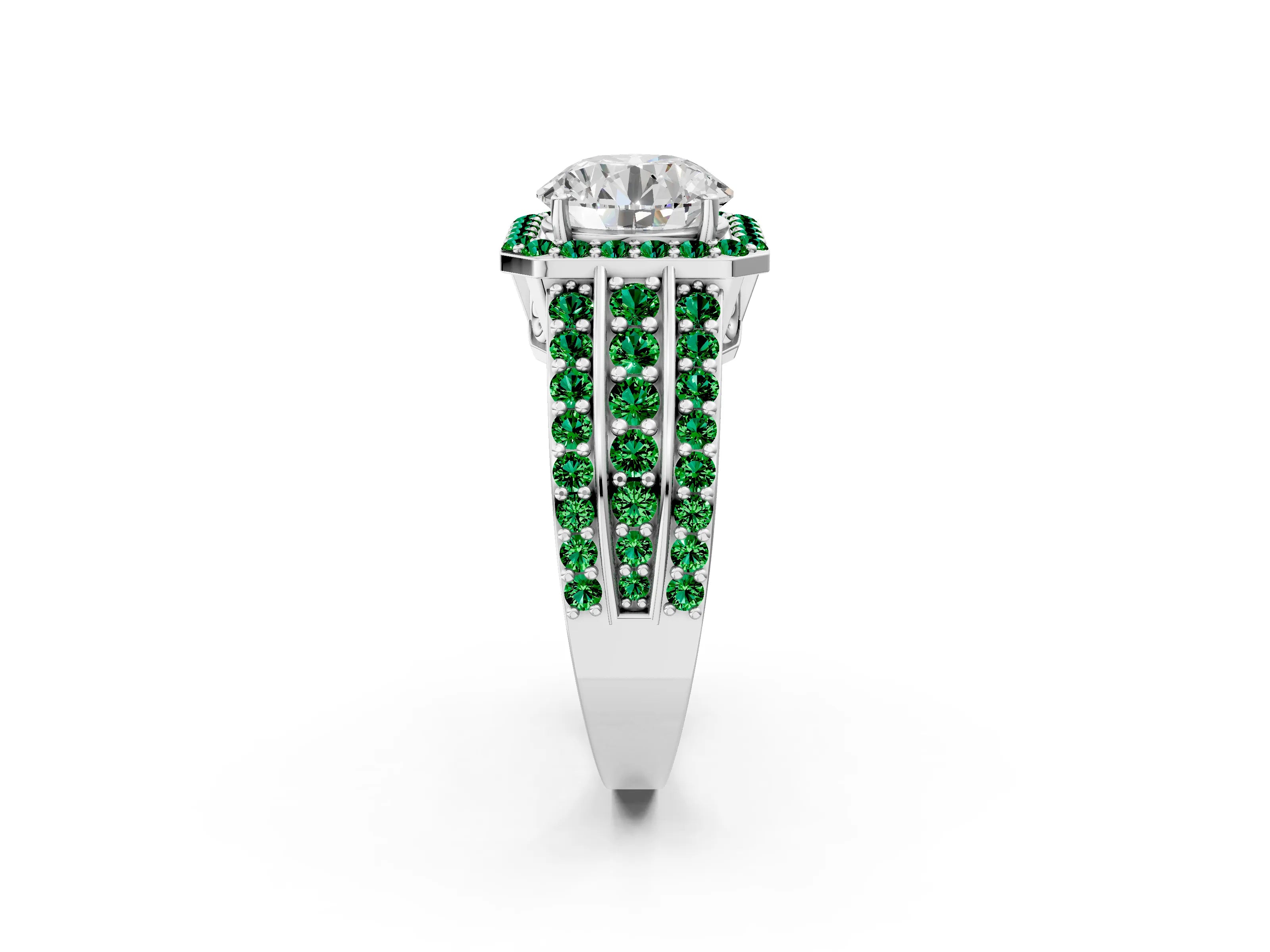 White gold Round Cut Halo Diamond Ring with Round with Emerald side stone Split Shank and Prong Setting_368