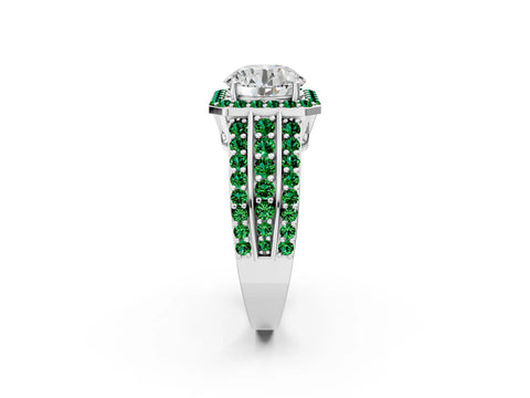 White gold Round Cut Halo Diamond Ring with Round with Emerald side stone Split Shank and Prong Setting_368