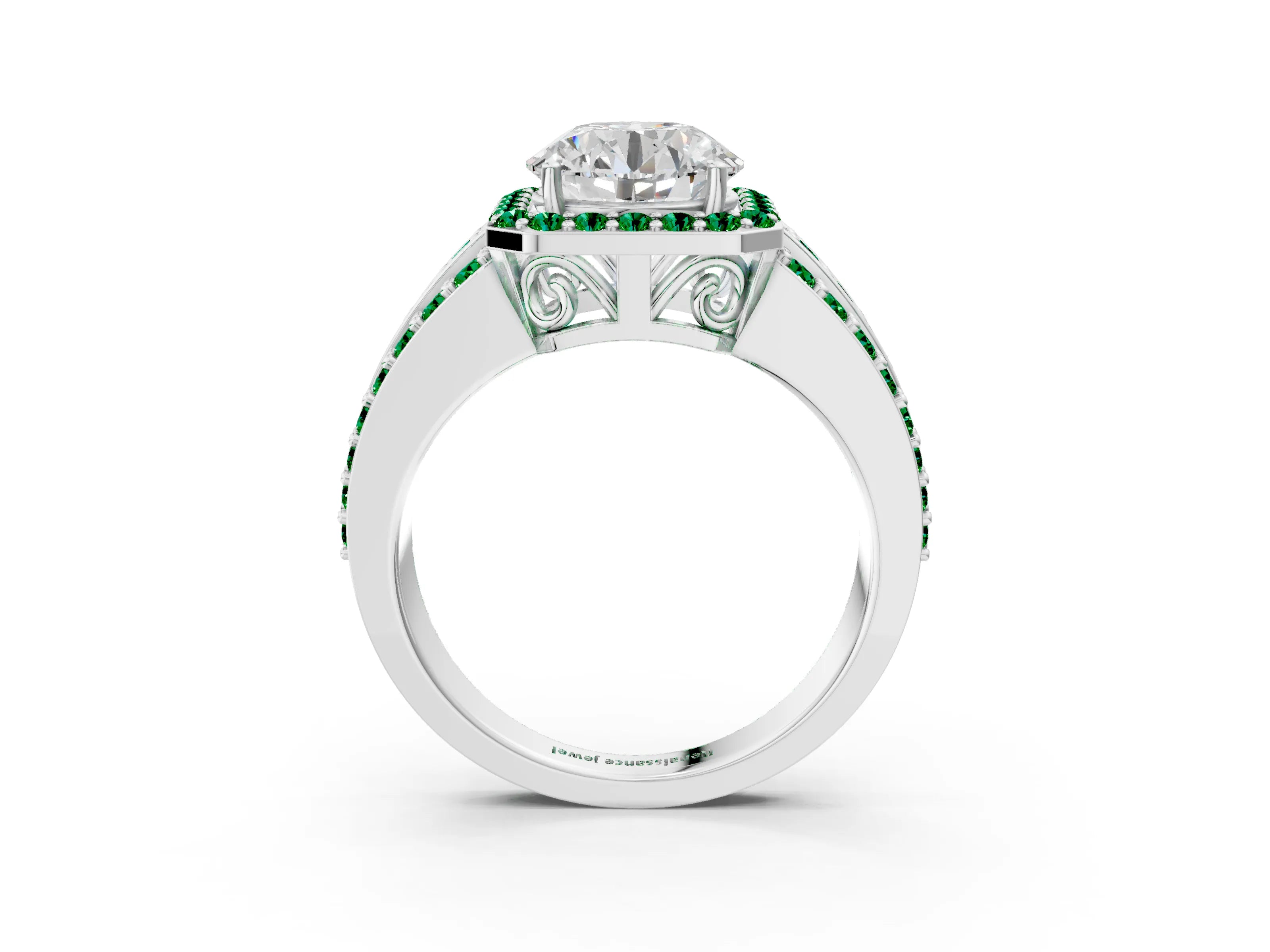 White gold Round Cut Halo Diamond Ring with Round with Emerald side stone Split Shank and Prong Setting_369
