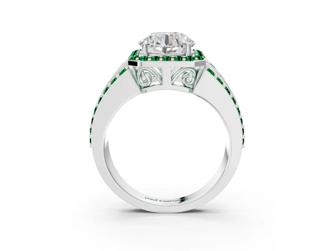 White gold Round Cut Halo Diamond Ring with Round with Emerald side stone Split Shank and Prong Setting_369