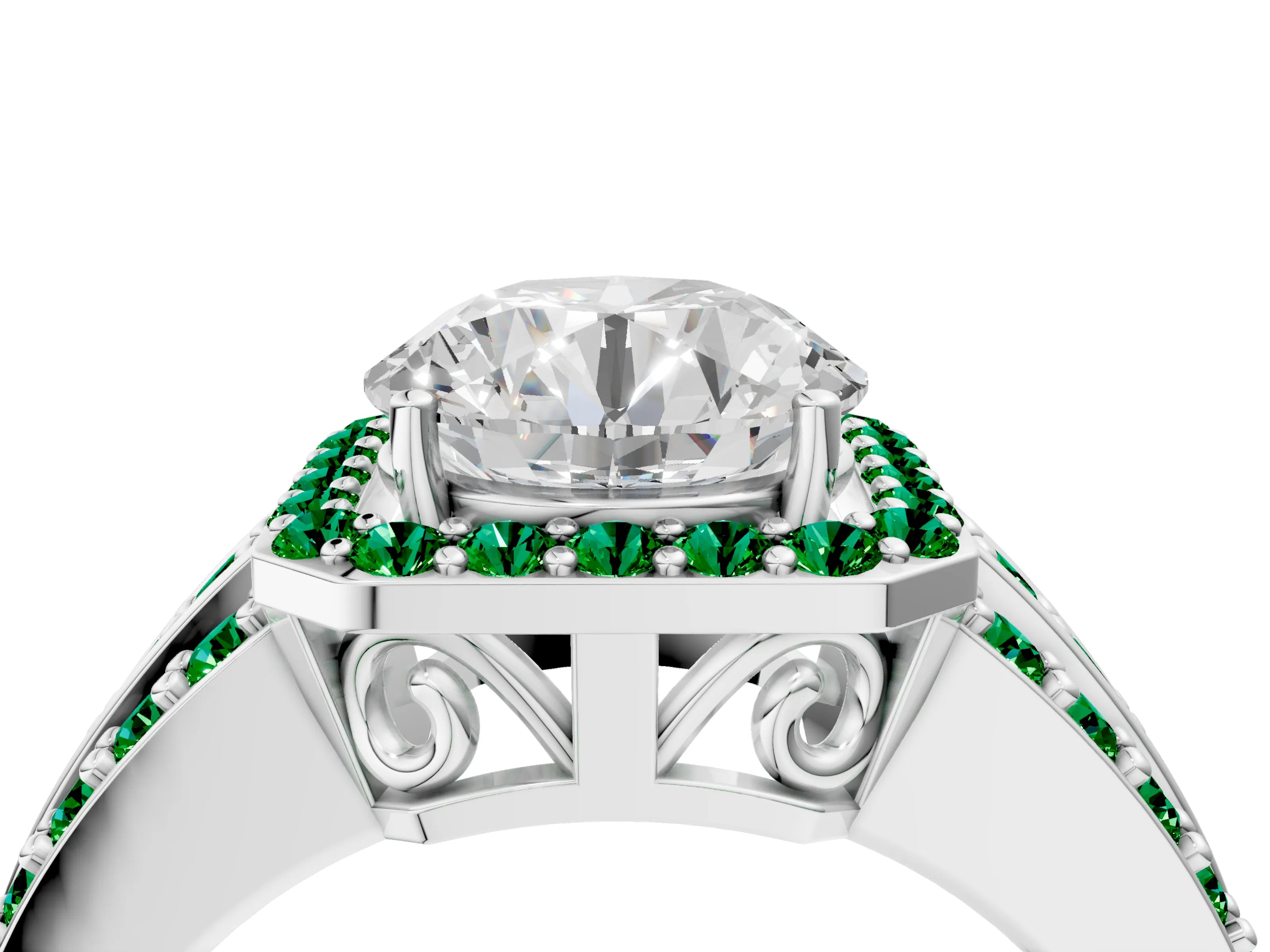 White gold Round Cut Halo Diamond Ring with Round with Emerald side stone Split Shank and Prong Setting_370