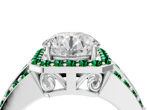 White gold Round Cut Halo Diamond Ring with Round with Emerald side stone Split Shank and Prong Setting_370