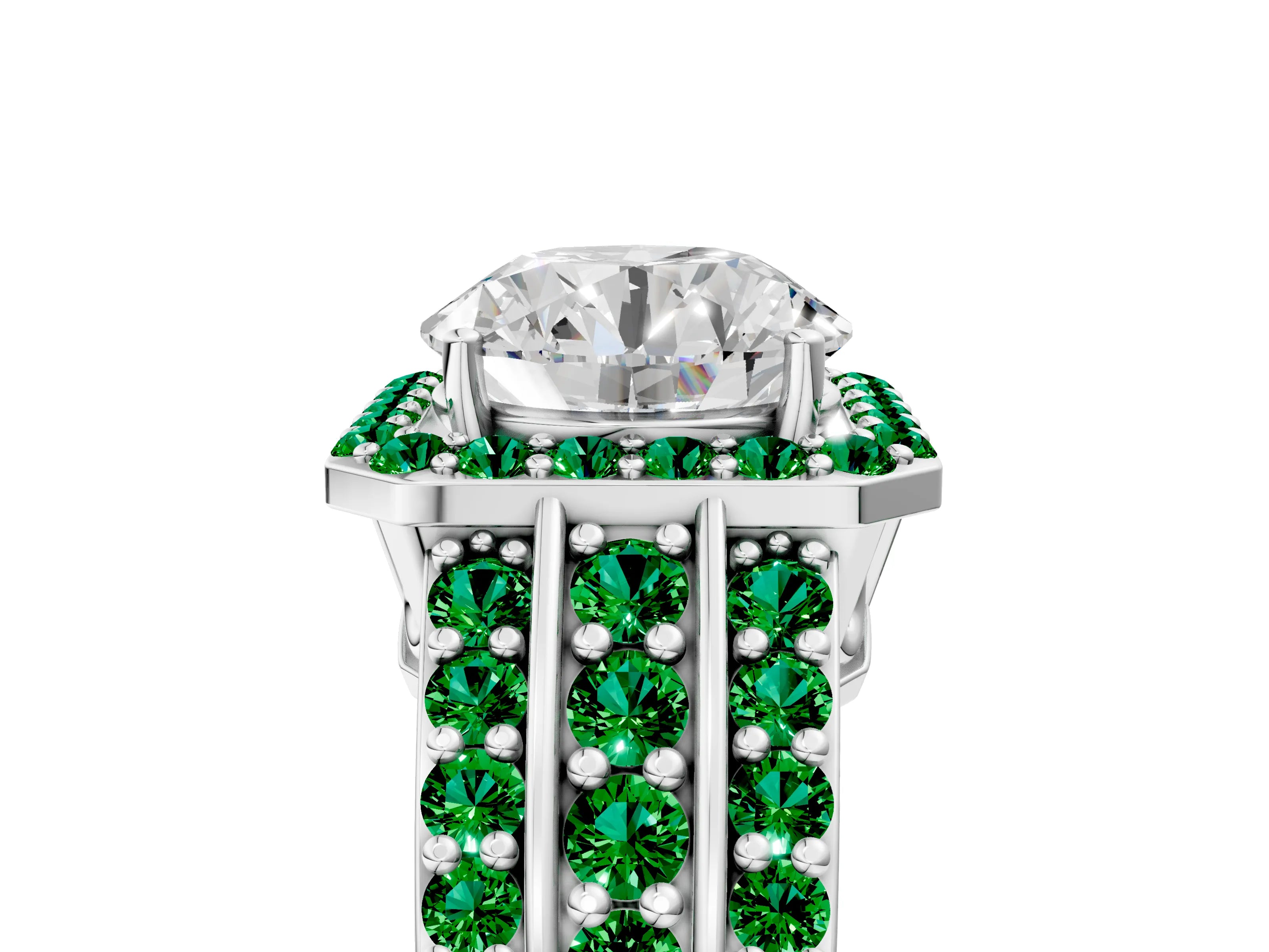 White gold Round Cut Halo Diamond Ring with Round with Emerald side stone Split Shank and Prong Setting_371