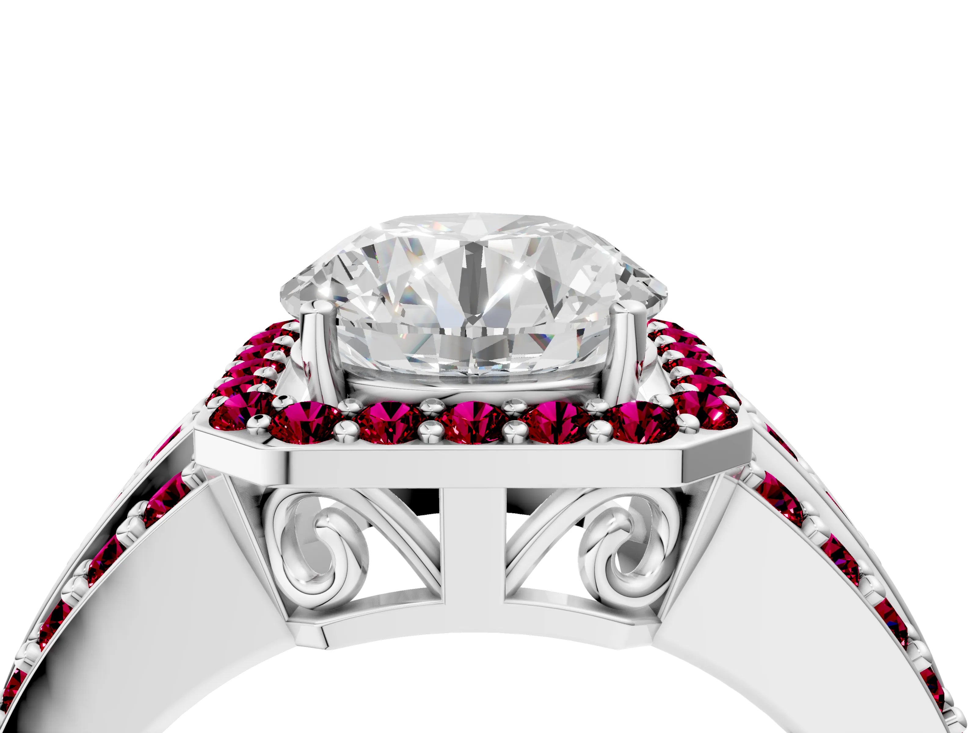 White gold Round Cut Halo Diamond Ring with Round with Garnet side stone Split Shank and Prong Setting_100