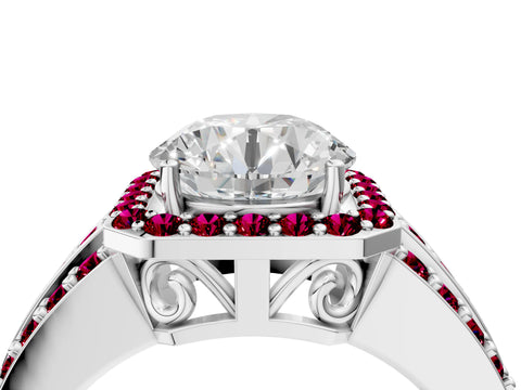 White gold Round Cut Halo Diamond Ring with Round with Garnet side stone Split Shank and Prong Setting_100