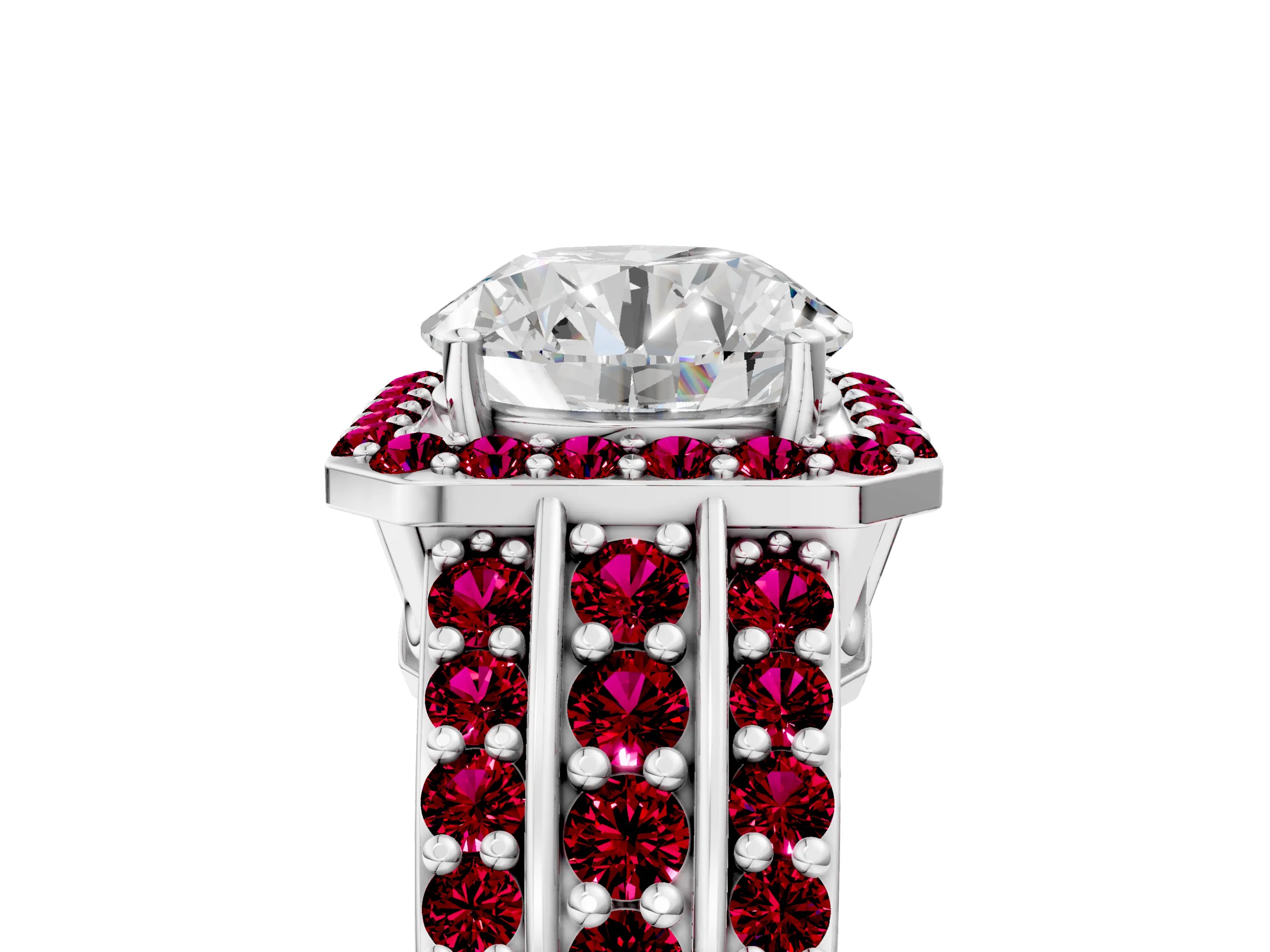 White gold Round Cut Halo Diamond Ring with Round with Garnet side stone Split Shank and Prong Setting_101
