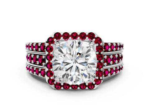 White gold Round Cut Halo Diamond Ring with Round with Garnet side stone Split Shank and Prong Setting_12