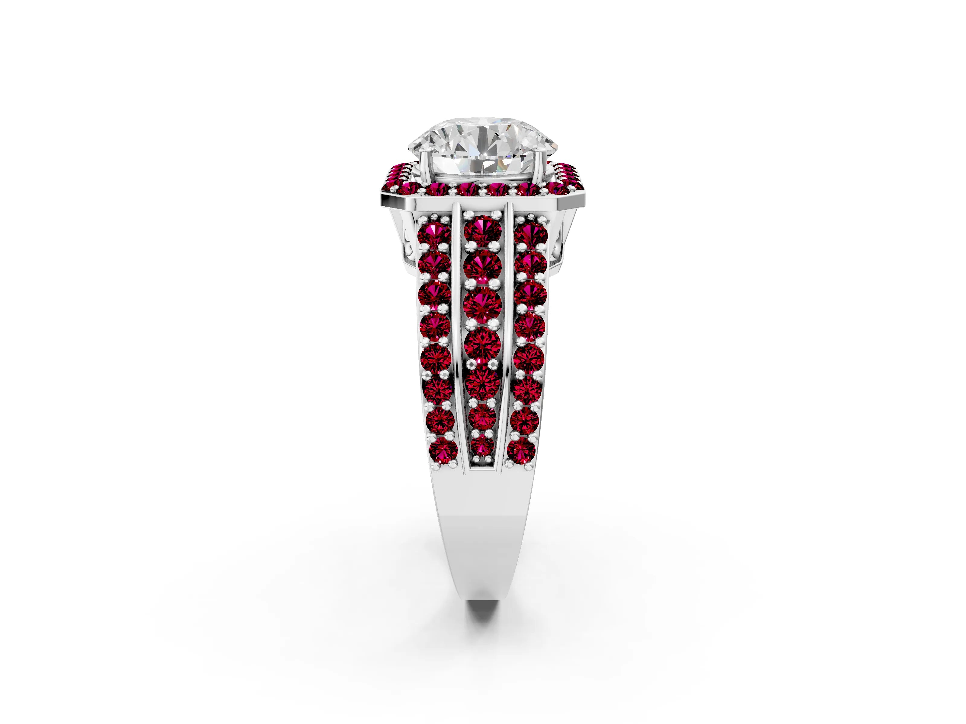 White gold Round Cut Halo Diamond Ring with Round with Garnet side stone Split Shank and Prong Setting_134