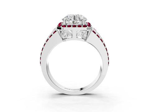 White gold Round Cut Halo Diamond Ring with Round with Garnet side stone Split Shank and Prong Setting_135