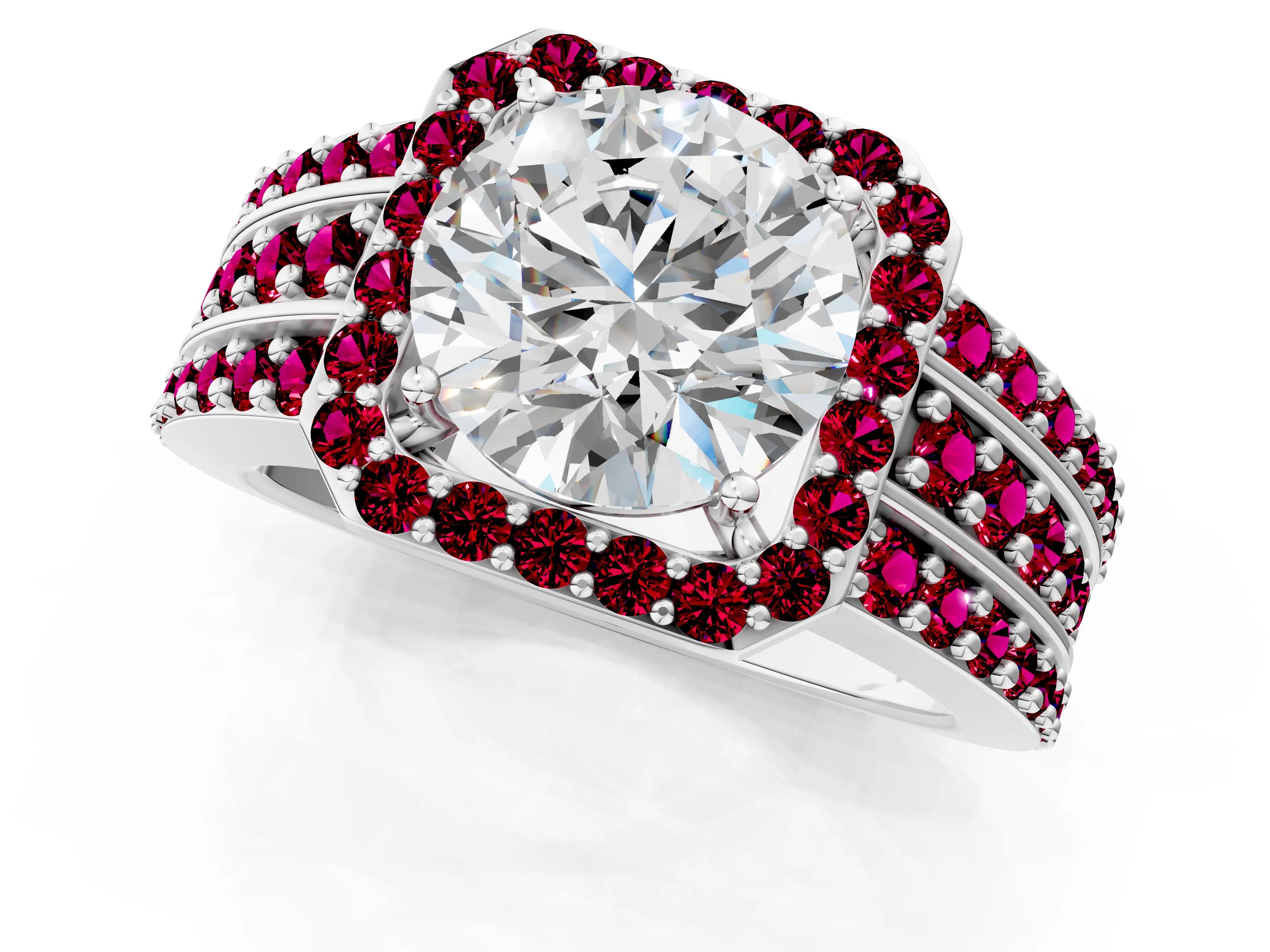 White gold Round Cut Halo Diamond Ring with Round with Garnet side stone Split Shank and Prong Setting_13
